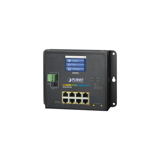 Switch Industrial Flat-Type 8 Puertos Gigabit C/PoE 802.3at, 2 Puertos SFP, LCD
