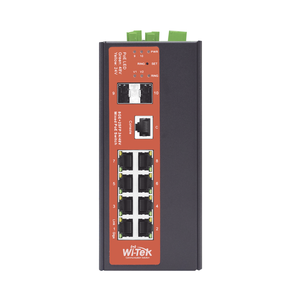 Switch Industrial administrable con 2 puertos PoE bt y 6 puertos Gigabit Ethernet con PoE 802.3af/at y 24V Pasivo + 2 SFP Gigabit, 240 W
