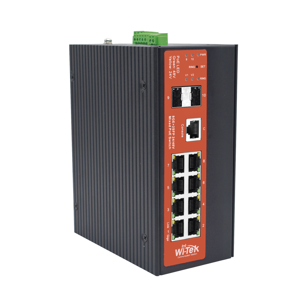 Switch Industrial administrable con 2 puertos PoE bt y 6 puertos Gigabit Ethernet con PoE 802.3af/at y 24V Pasivo + 2 SFP Gigabit, 240 W