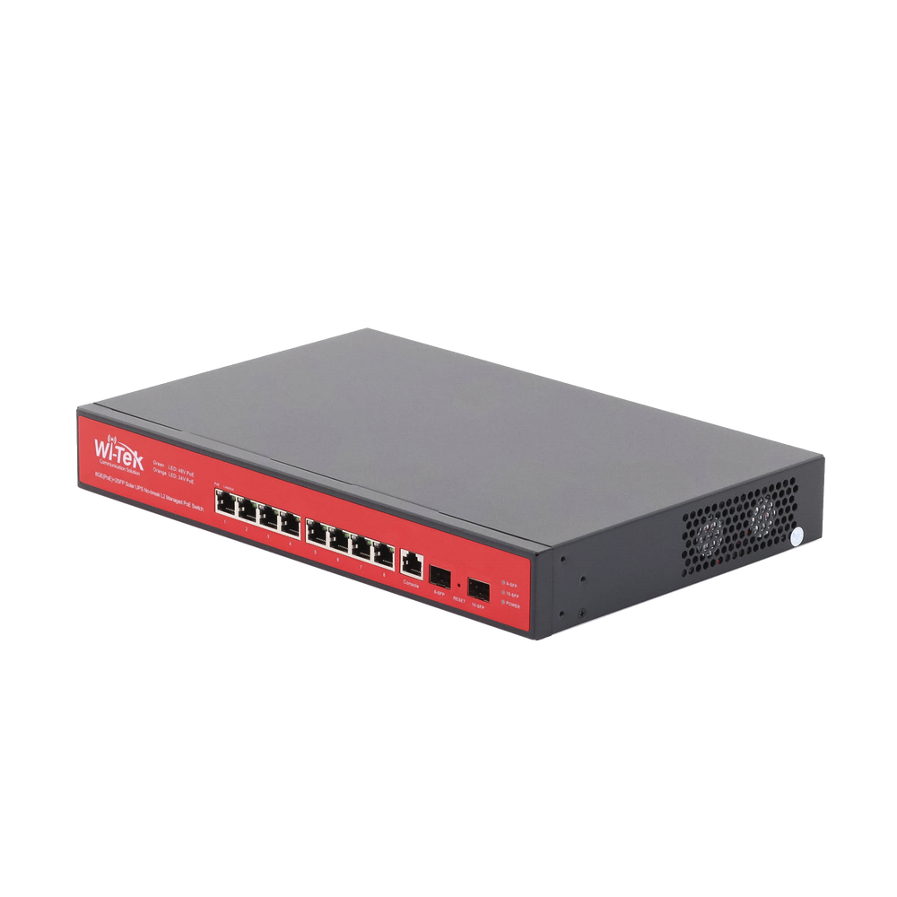 Switch Administrable Capa 2 de 8 puertos 10/100/1000 PoEaf/at + 2 x SFP Gigabit, con respaldo para energía solar