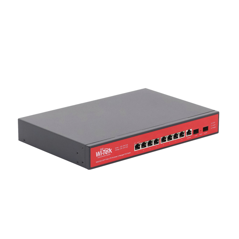 Switch Administrable Capa 2 de 8 puertos 10/100/1000 PoEaf/at + 2 x SFP Gigabit, con respaldo para energía solar