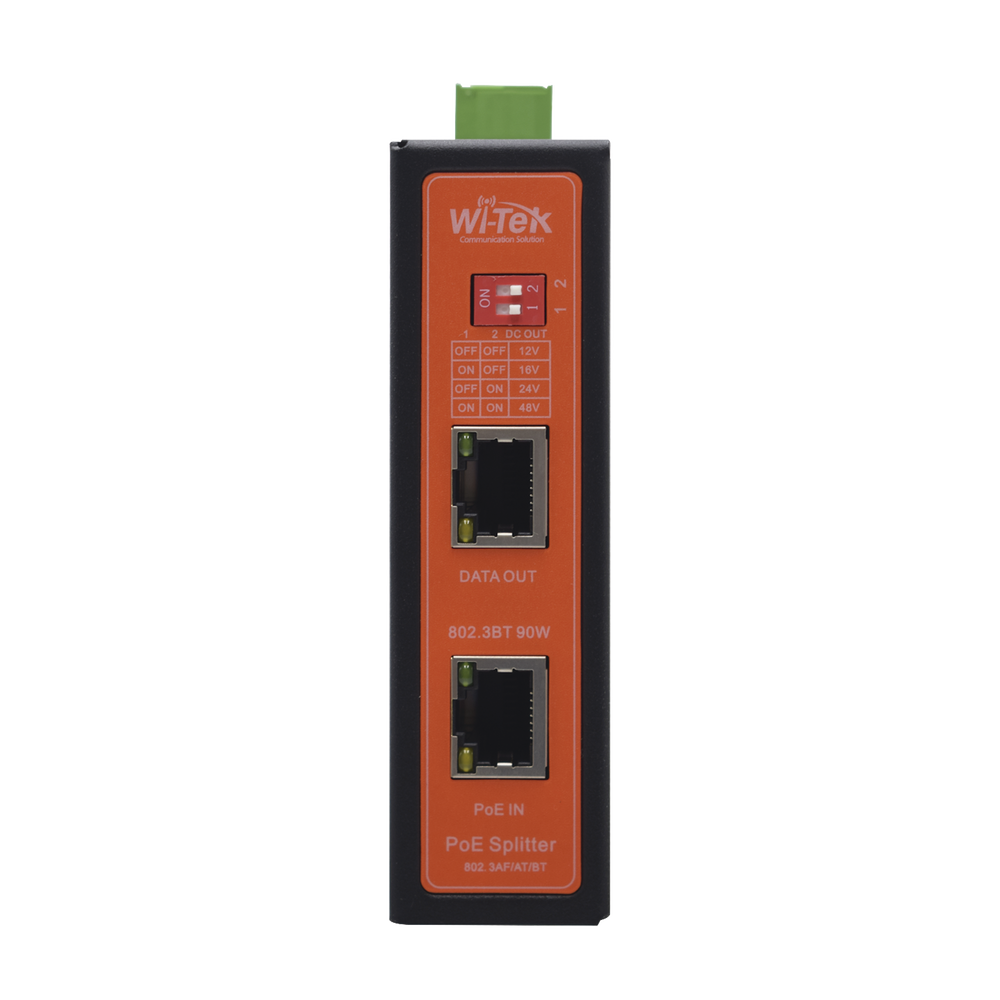 Splitter PoE IN hasta 90 W / Salida DC 12v/16V/24v o 48V / Carcasa metálica / Industrial soporte para riel DIN / Aplicaciones CCTV