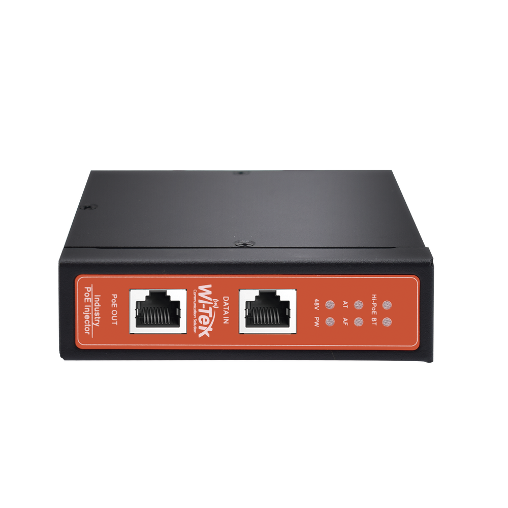 Inyector PoE Industrial / DC entrada 12-57V / PoE salida de Hasta 90W / Carcasa de Metal / Riel DIN / Aplicaciones CCTV
