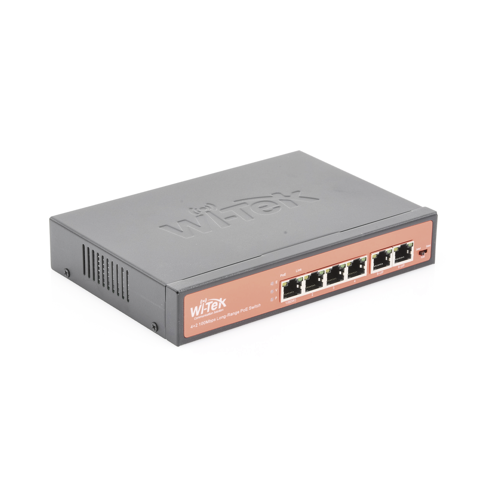 Switch PoE (802.3af/at/bt) / No administrable de largo alcance / Hasta 250m / 4x10/100Mbps (PoE) + 2x10/100Mbps Uplink / Presupuesto 65 W