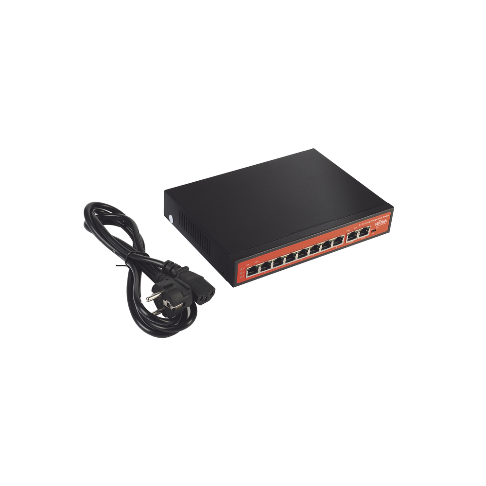 Switch PoE (802.3af/at/bt) / No administrable de largo alcance / Hasta 250m / 8x 10/100Mbps Puertos PoE + 2x Puertos Gigabit Uplink, / Hasta 120W