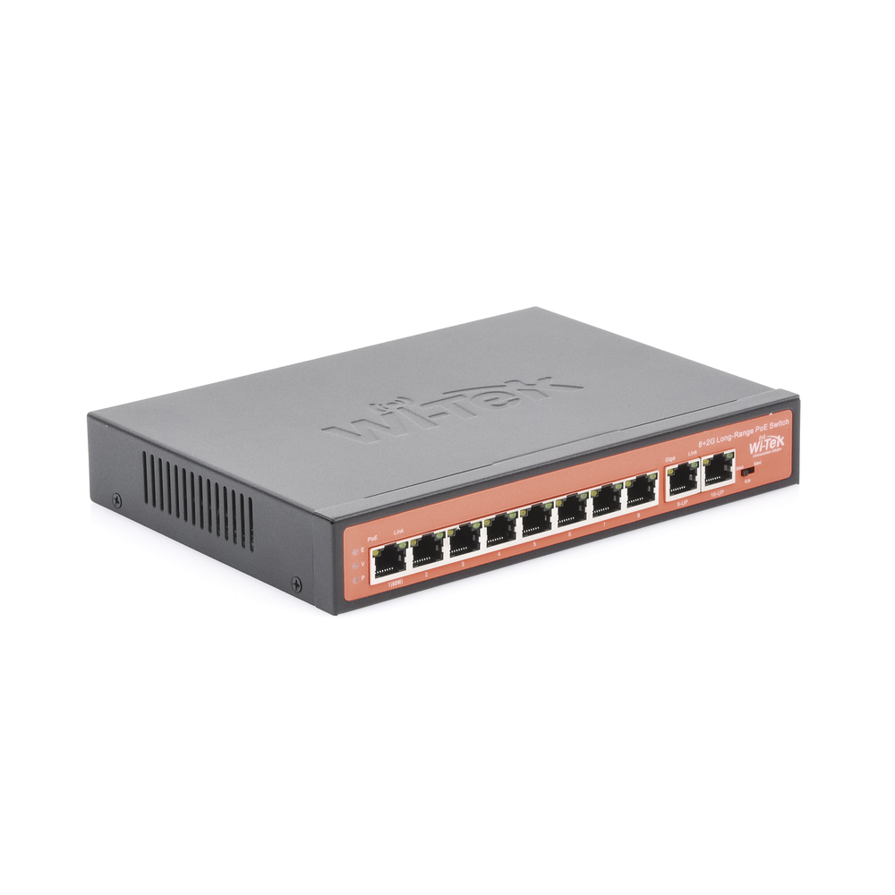 Switch PoE (802.3af/at/bt) / No administrable de largo alcance / Hasta 250m / 8x 10/100Mbps Puertos PoE + 2x Puertos Gigabit Uplink, / Hasta 120W