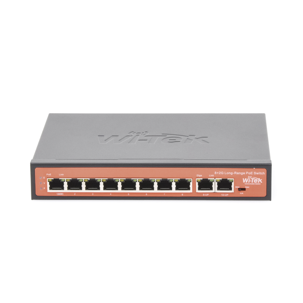 Switch PoE (802.3af/at/bt) / No administrable de largo alcance / Hasta 250m / 8x 10/100Mbps Puertos PoE + 2x Puertos Gigabit Uplink, / Hasta 120W