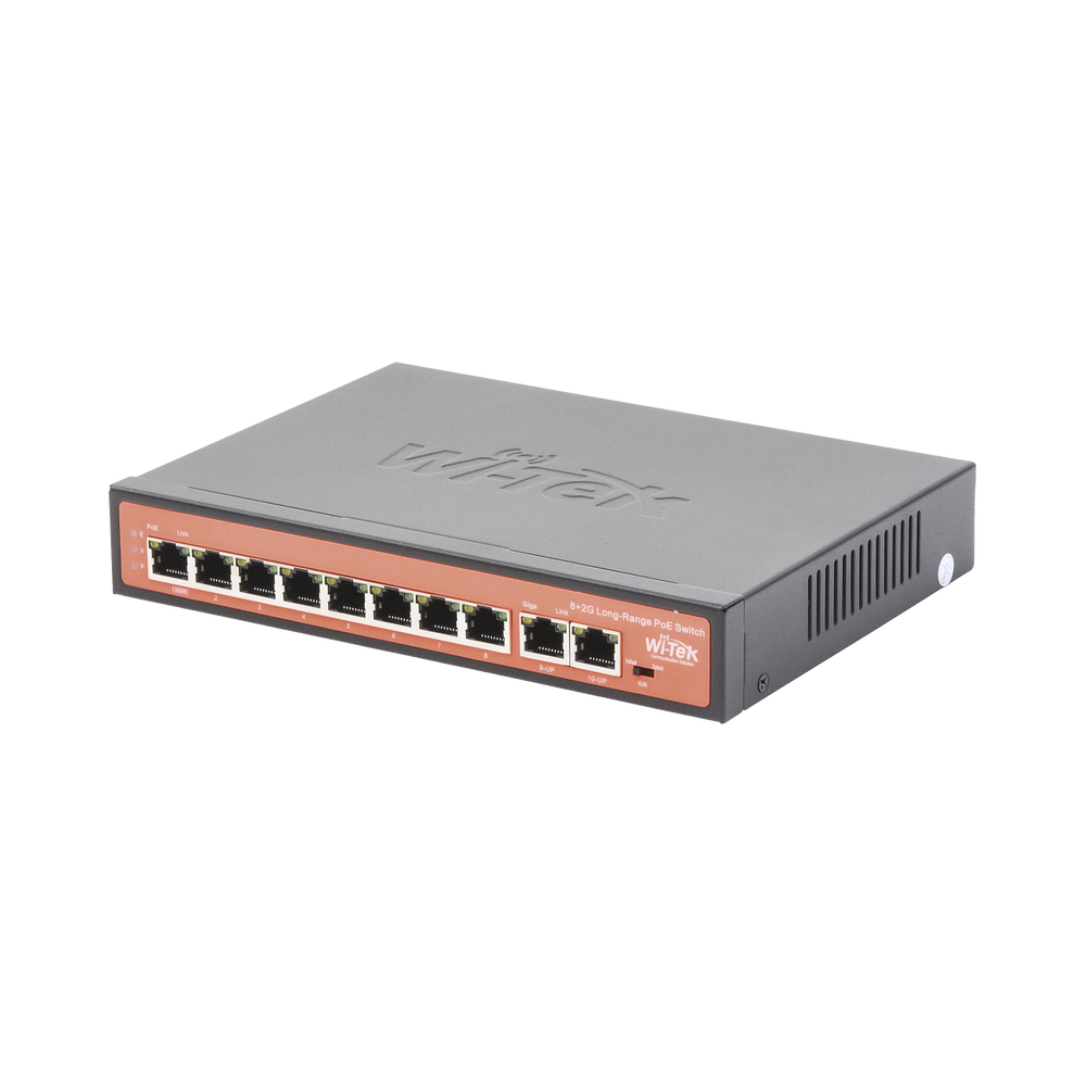 Switch PoE (802.3af/at/bt) / No administrable de largo alcance / Hasta 250m / 8x 10/100Mbps Puertos PoE + 2x Puertos Gigabit Uplink, / Hasta 120W