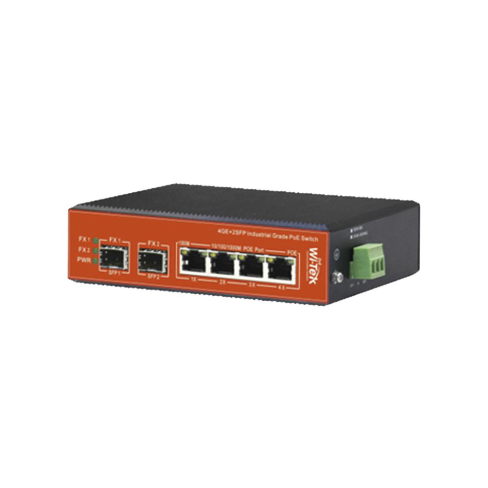 Switch Industrial PoE++ y pasivo de 24V, No administrable con 4 puertos Gigabit + 2 SFP / Presupuesto 180W