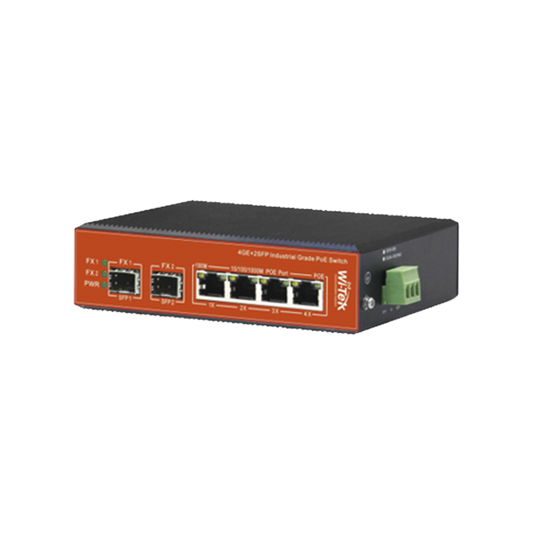Switch Industrial PoE++ y pasivo de 24V, No administrable con 4 puertos Gigabit + 2 SFP / Presupuesto 180W