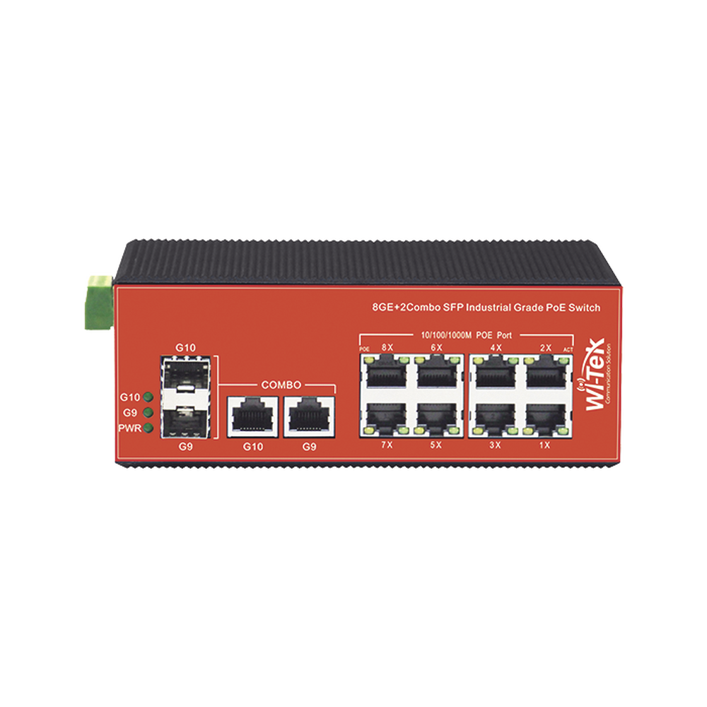 Switch Industrial PoE+ no administrable de 8 Puertos 10/100/1000Mbps + 2 SFP Combo, 150 W
