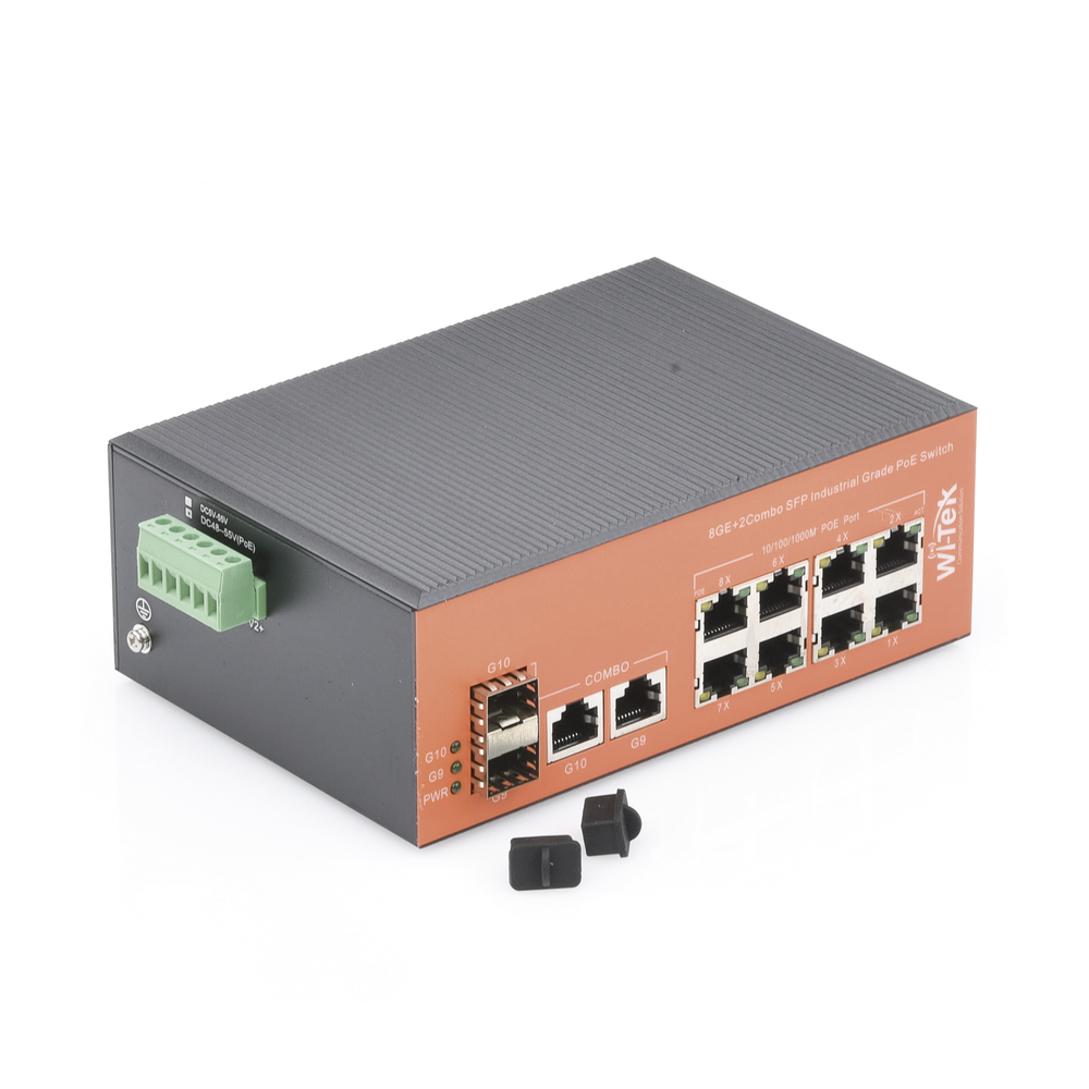 Switch Industrial PoE+ no administrable de 8 Puertos 10/100/1000Mbps + 2 SFP Combo, 150 W