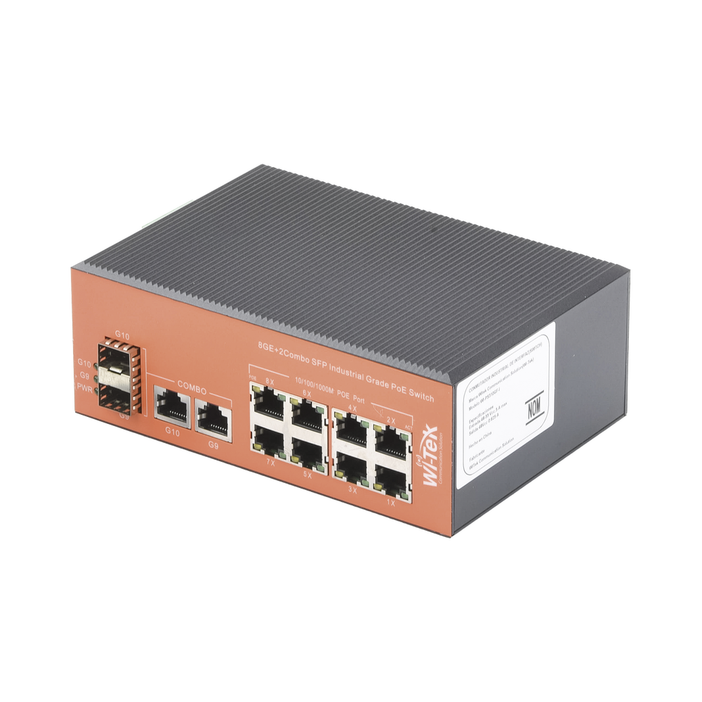 Switch Industrial PoE+ no administrable de 8 Puertos 10/100/1000Mbps + 2 SFP Combo, 150 W