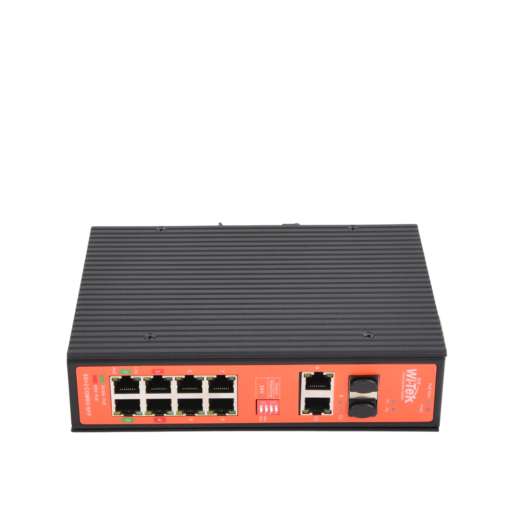 Switch Industrial PoE++ y pasivo de 24V / No administrable / Con 8 puertos Gigabit + 2 SFP combo / Presupuesto 300W