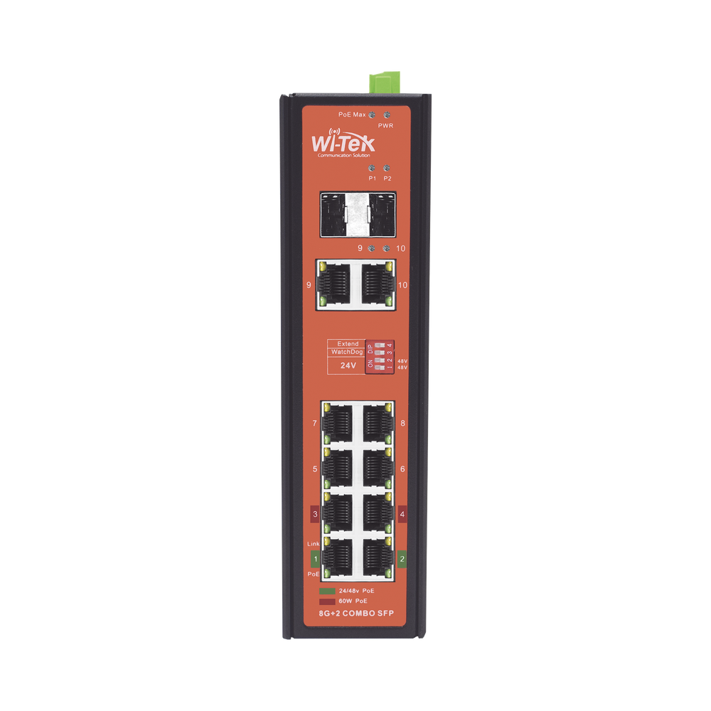 Switch Industrial PoE++ y pasivo de 24V / No administrable / Con 8 puertos Gigabit + 2 SFP combo / Presupuesto 300W