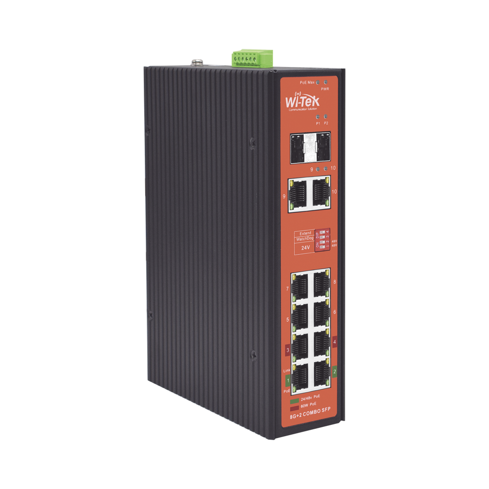 Switch Industrial PoE++ y pasivo de 24V / No administrable / Con 8 puertos Gigabit + 2 SFP combo / Presupuesto 300W