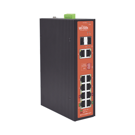 Switch Industrial PoE++ y pasivo de 24V / No administrable / Con 8 puertos Gigabit + 2 SFP combo / Presupuesto 300W