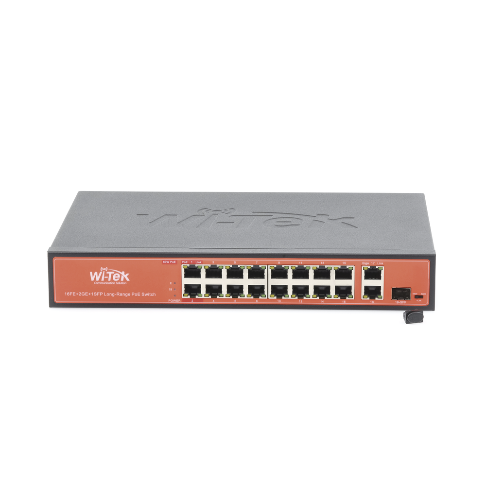 Switch de Largo Alcance de 16 Puertos PoE 10/100Mbps + 1 Puerto GE + 1 Puerto Combo GE SFP, hasta 200W