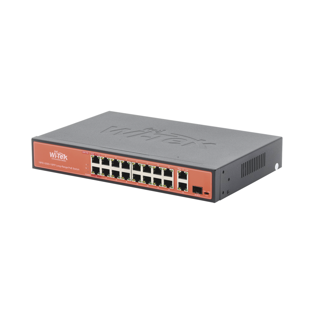 Switch de Largo Alcance de 16 Puertos PoE 10/100Mbps + 1 Puerto GE + 1 Puerto Combo GE SFP, hasta 200W