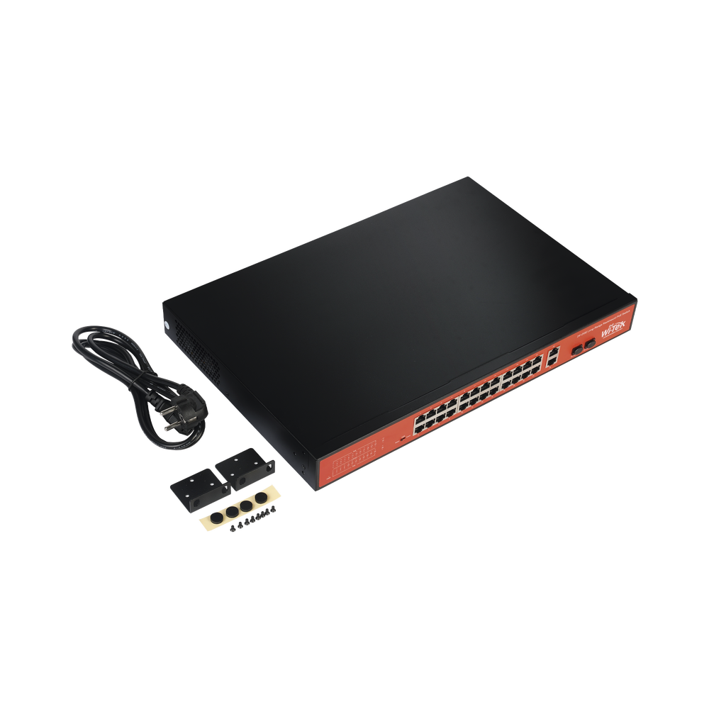 PoE Switch (802.3af/at/bt) / Long range unmanaged / Up to 250m / With 24 x 10/100Mbps + 2 x SFP Gigabit Combo / 250 W