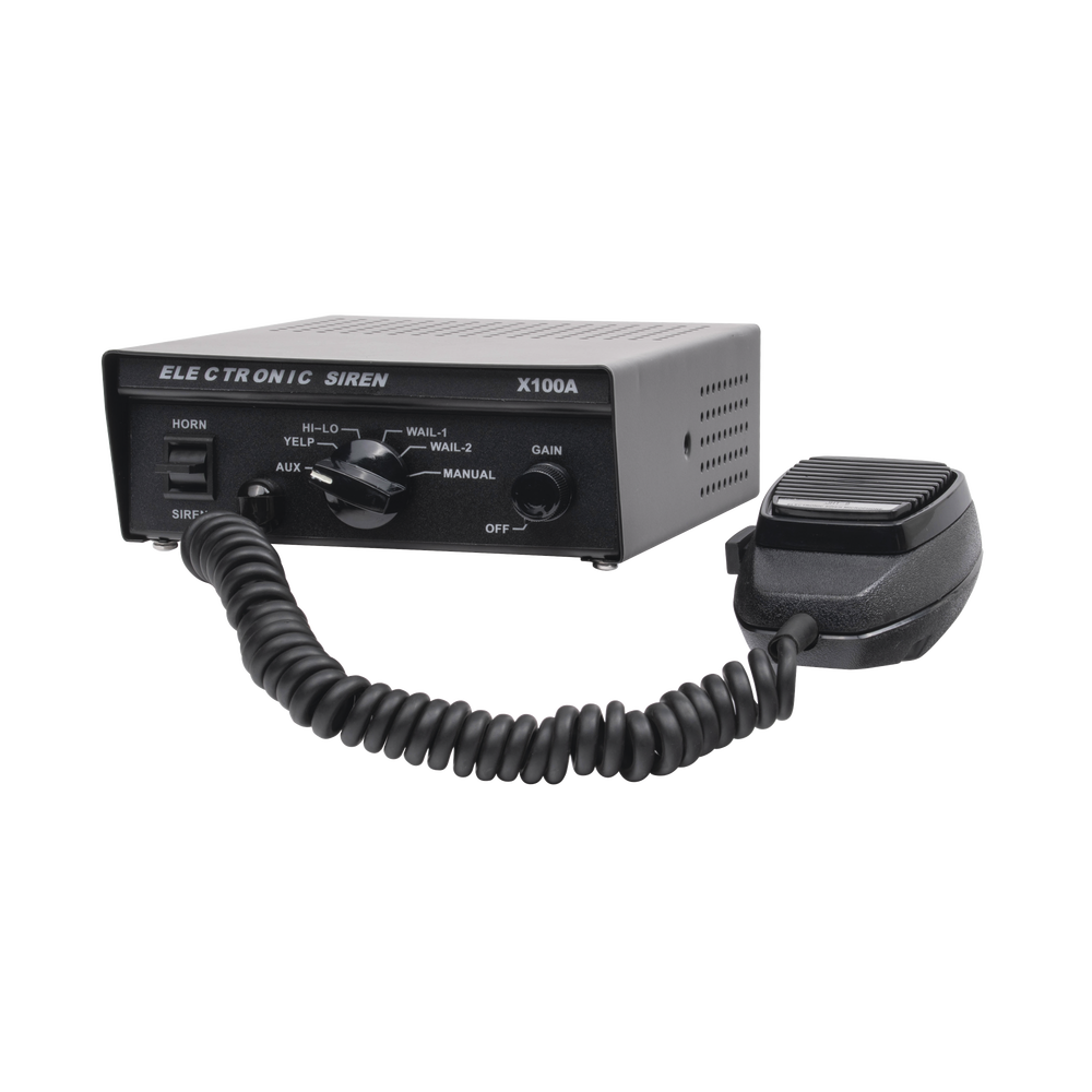 Sirena Vehicular de 100W de Potencia, Con Switch Giratorio de 6 posiciones y Micrófono Integrado de Uso Rudo