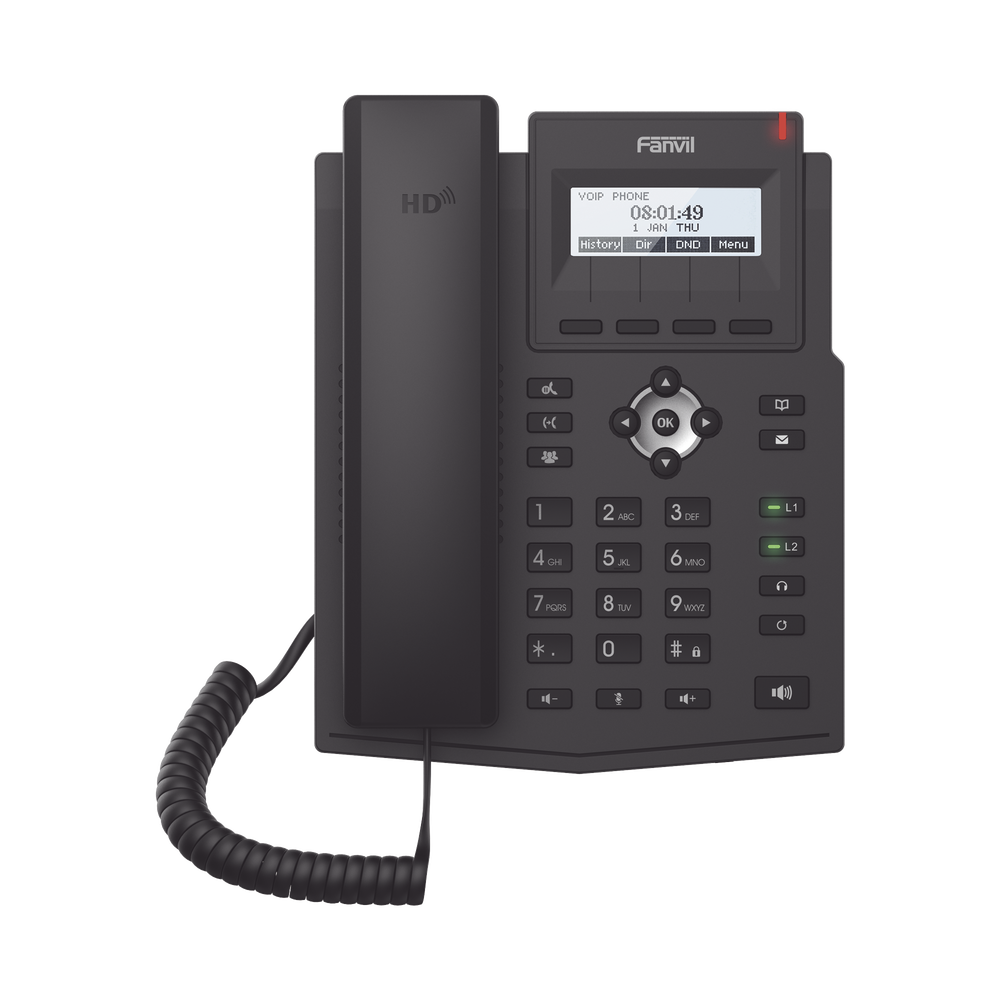 Business IP phone for 2 SIP lines with LCD display, Opus codec, 3-way conferencing, PoE.