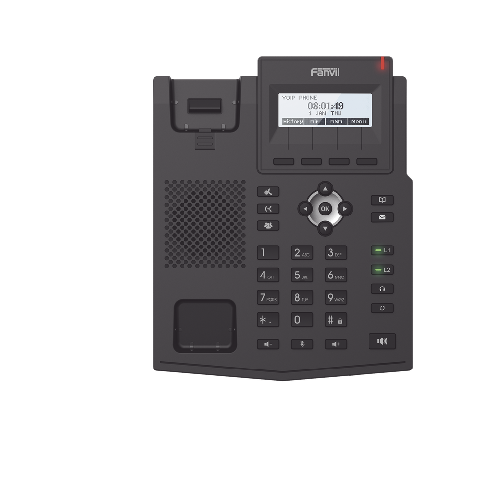 Business IP phone for 2 SIP lines with LCD display, Opus codec, 3-way conferencing, PoE.