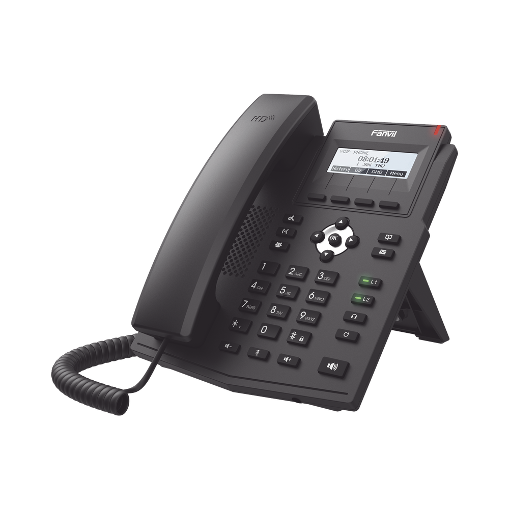Business IP phone for 2 SIP lines with LCD display, Opus codec, 3-way conferencing, PoE.