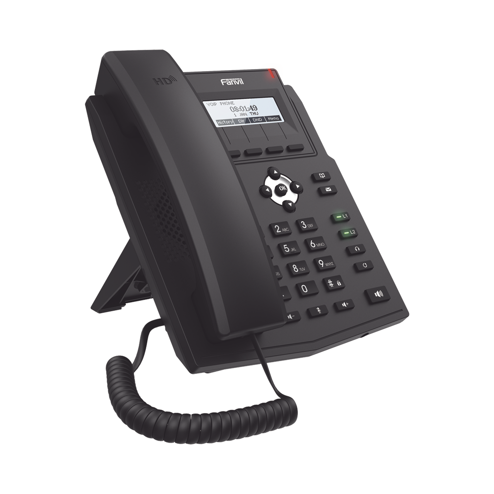 Business IP phone for 2 SIP lines with LCD display, Opus codec, 3-way conferencing, PoE.