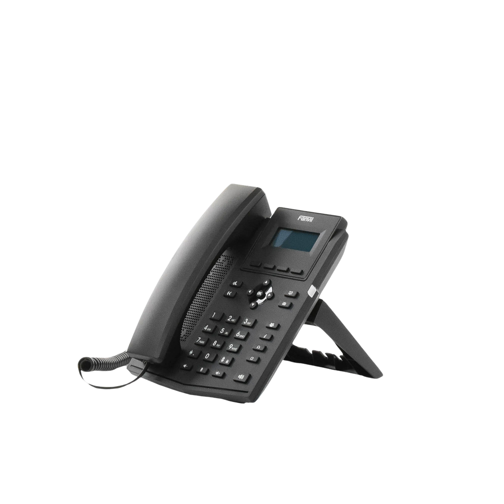 Business IP phone for 2 SIP lines with LCD display, Gigabit ports, Opus codec, 3-way conferencing, PoE.