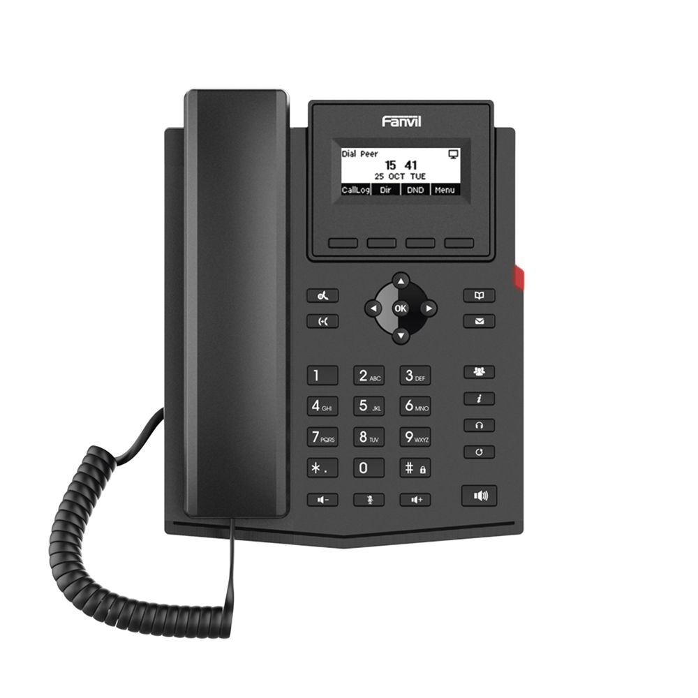 Teléfono IP empresarial para 2 lineas SIP con pantalla LCD, Puertos Gigabit, Códec Opus, conferencia de 3 vías, PoE.