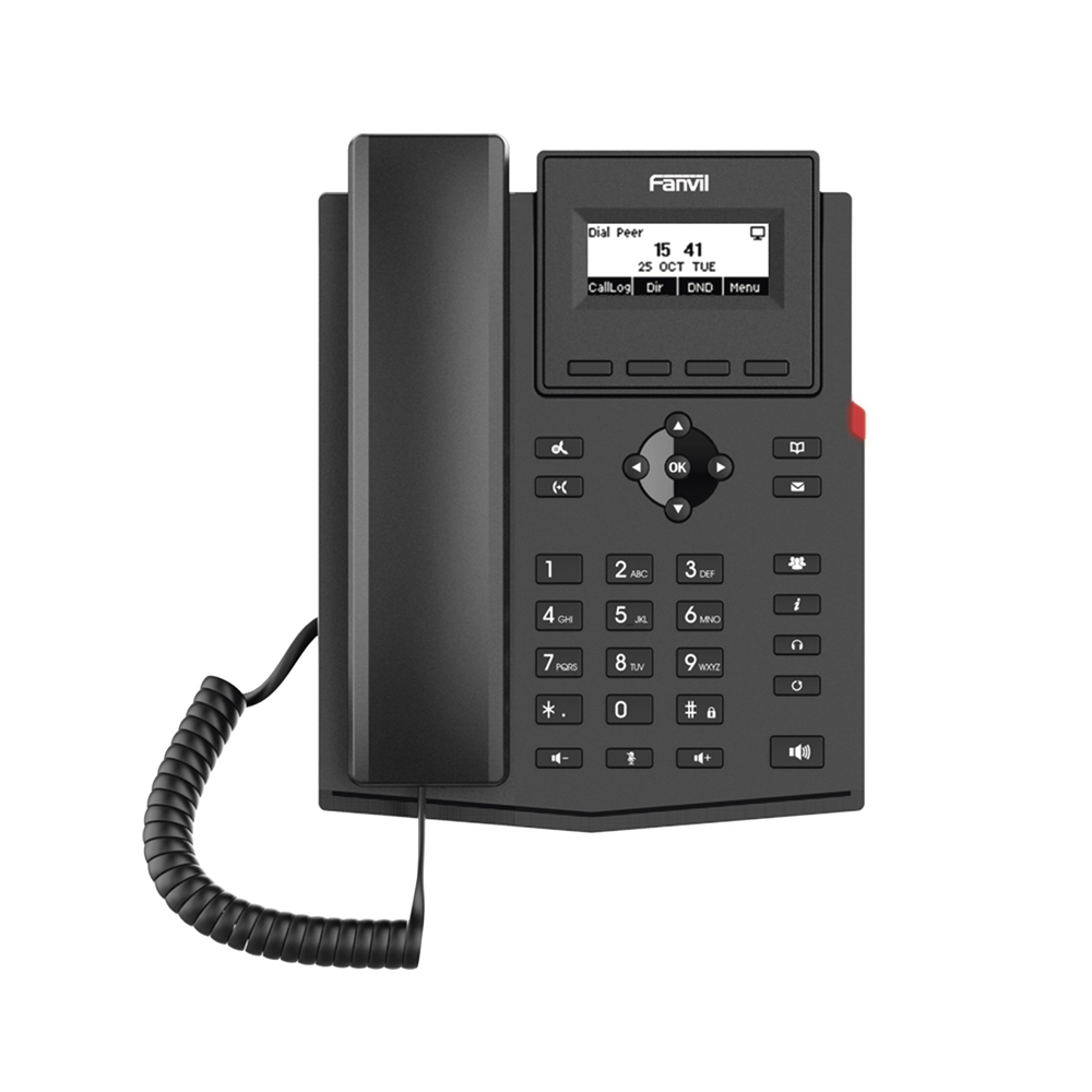 Teléfono IP empresarial para 2 lineas SIP con pantalla LCD, Códec Opus, conferencia de 3 vías, PoE.