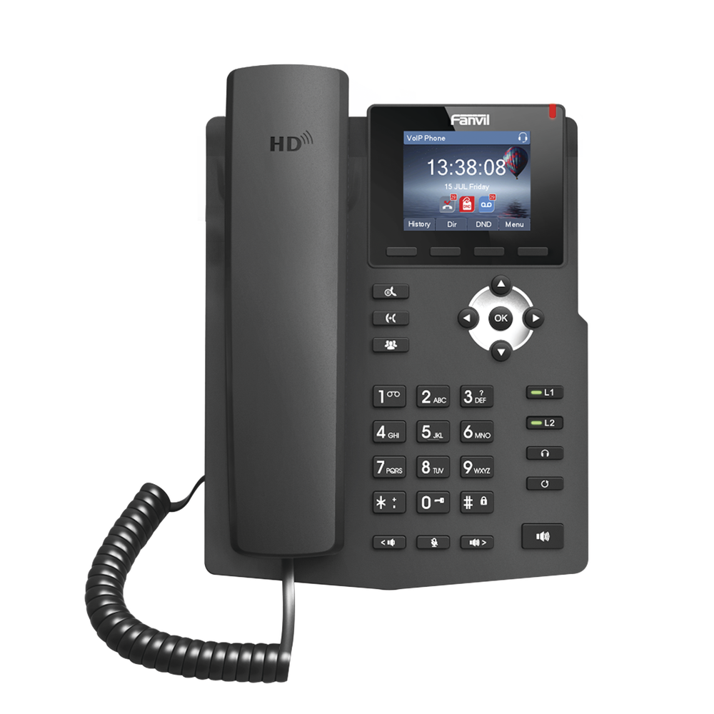 Enterprise IP phone for 2 SIP lines with 2.8-inch color LCD display, Gigabit ports, and 3-way conferencing, PoE