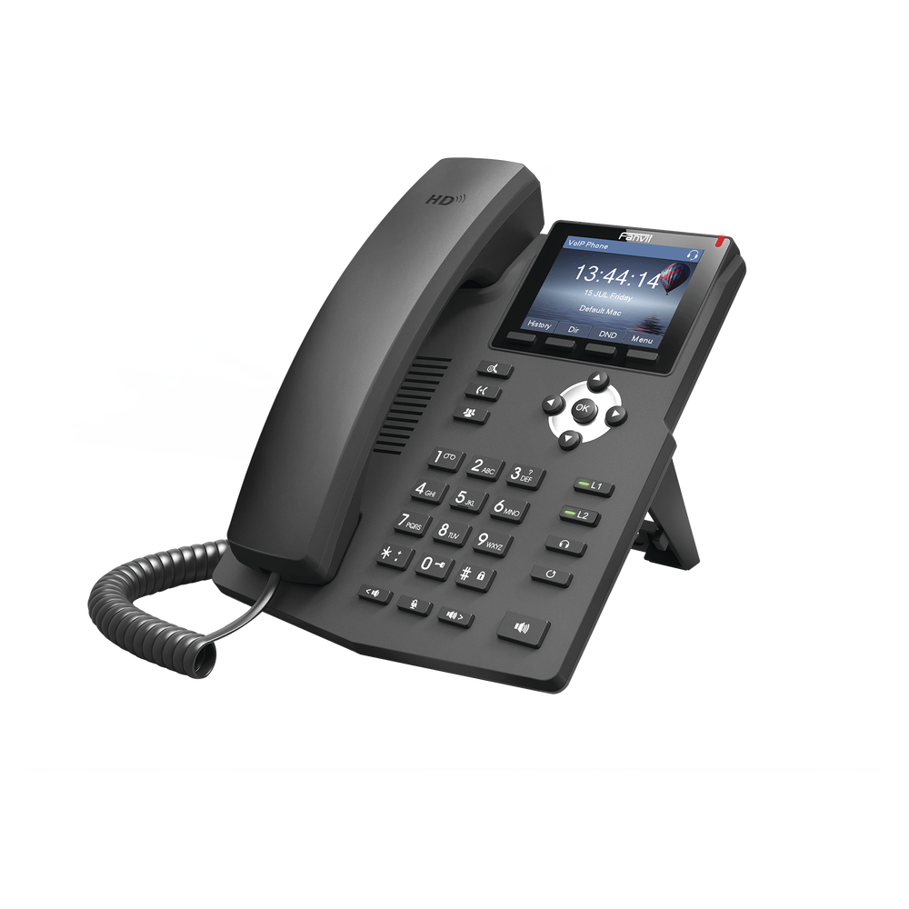 Enterprise IP phone for 2 SIP lines with 2.8-inch color LCD display, Gigabit ports, and 3-way conferencing, PoE
