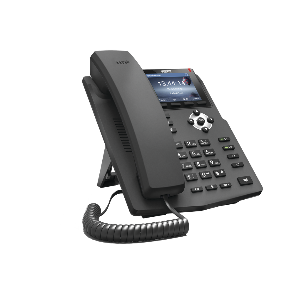 Enterprise IP phone for 2 SIP lines with 2.8-inch color LCD display, Gigabit ports, and 3-way conferencing, PoE