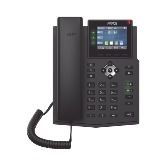 Teléfono IP Empresarial con Estándares Europeos, 6 lineas SIP con pantalla LCD a color, puertos Gigabit, IPv6, Opus y conferencia de 3 vías, PoE/DC 