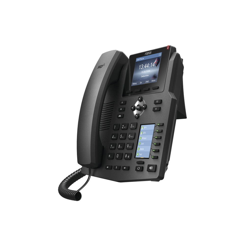 Enterprise IP Phone for 4 SIP lines with 2 LCD displays, 6 BLF/DSS keys, 3-way conferencing, PoE