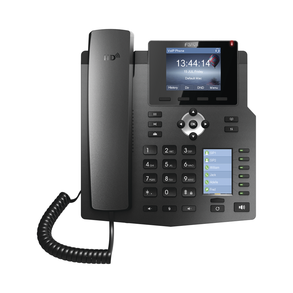 Enterprise IP Phone for 4 SIP lines with 2 LCD displays, 6 BLF/DSS keys, 3-way conferencing, PoE