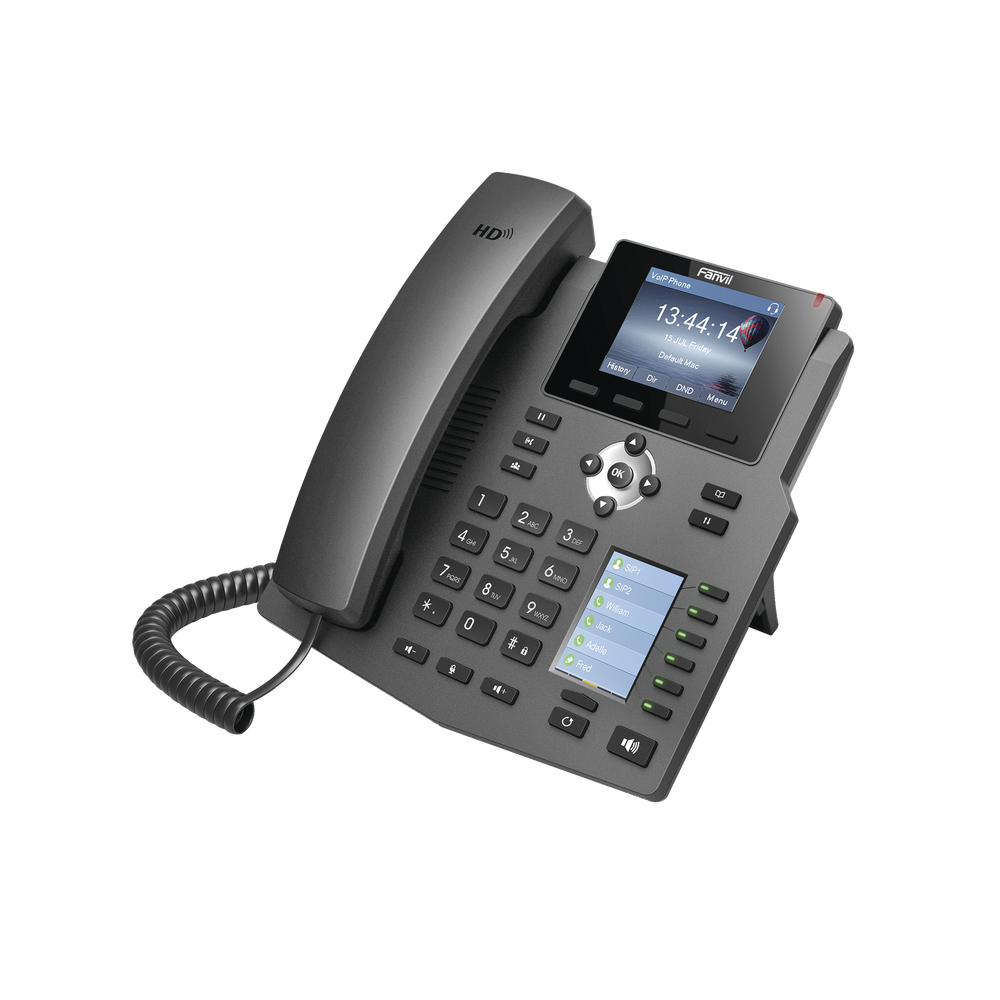 Enterprise IP Phone for 4 SIP lines with 2 LCD displays, 6 BLF/DSS keys, 3-way conferencing, PoE