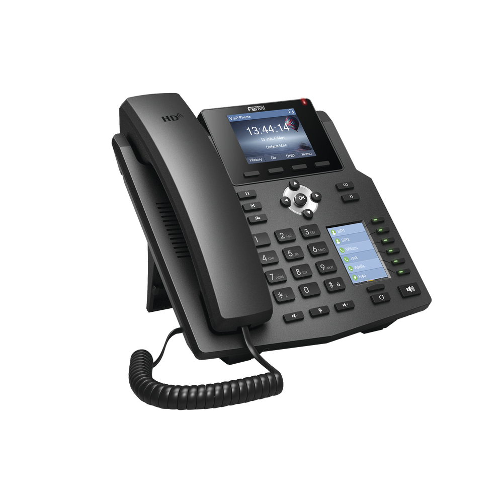 Enterprise IP Phone for 4 SIP lines with 2 LCD displays, 6 BLF/DSS keys, 3-way conferencing, PoE