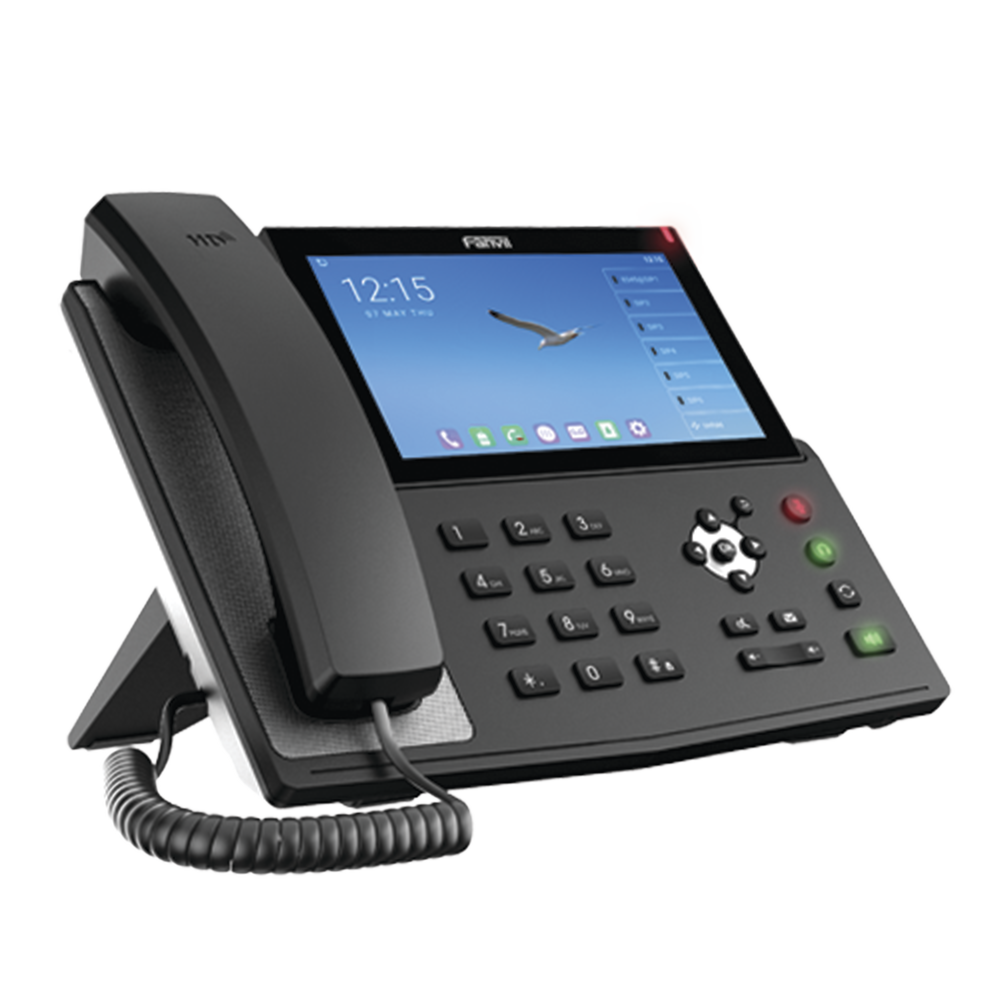 Android Business IP Phone for 20 SIP lines, touchscreen, Wi-Fi and Bluetooth, PoE, up to 112 DSS buttons, Gigabit ports, supports video reception.