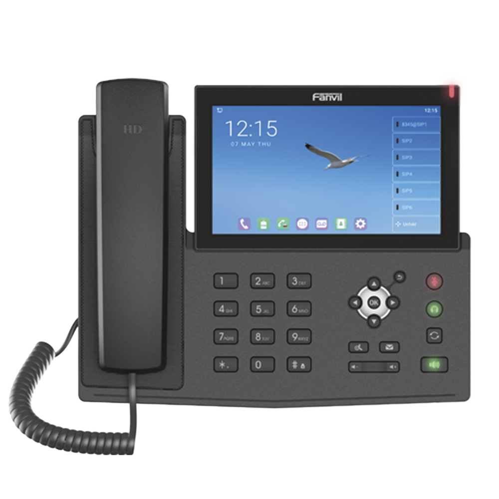 Android Business IP Phone for 20 SIP lines, touchscreen, Wi-Fi and Bluetooth, PoE, up to 112 DSS buttons, Gigabit ports, supports video reception.
