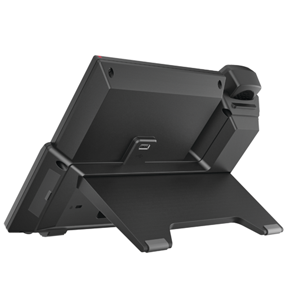 Android Business IP Phone for 20 SIP lines, touchscreen, Wi-Fi and Bluetooth, PoE, up to 112 DSS buttons, Gigabit ports, supports video reception.