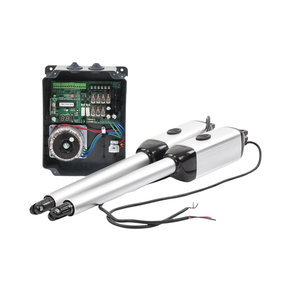 Kit de brazos para automatizar portones vehiculares abatibles de 2 hojas/ 3 Mts / 300 Kg / Uso solo residencial / Compatible con respaldo de energía