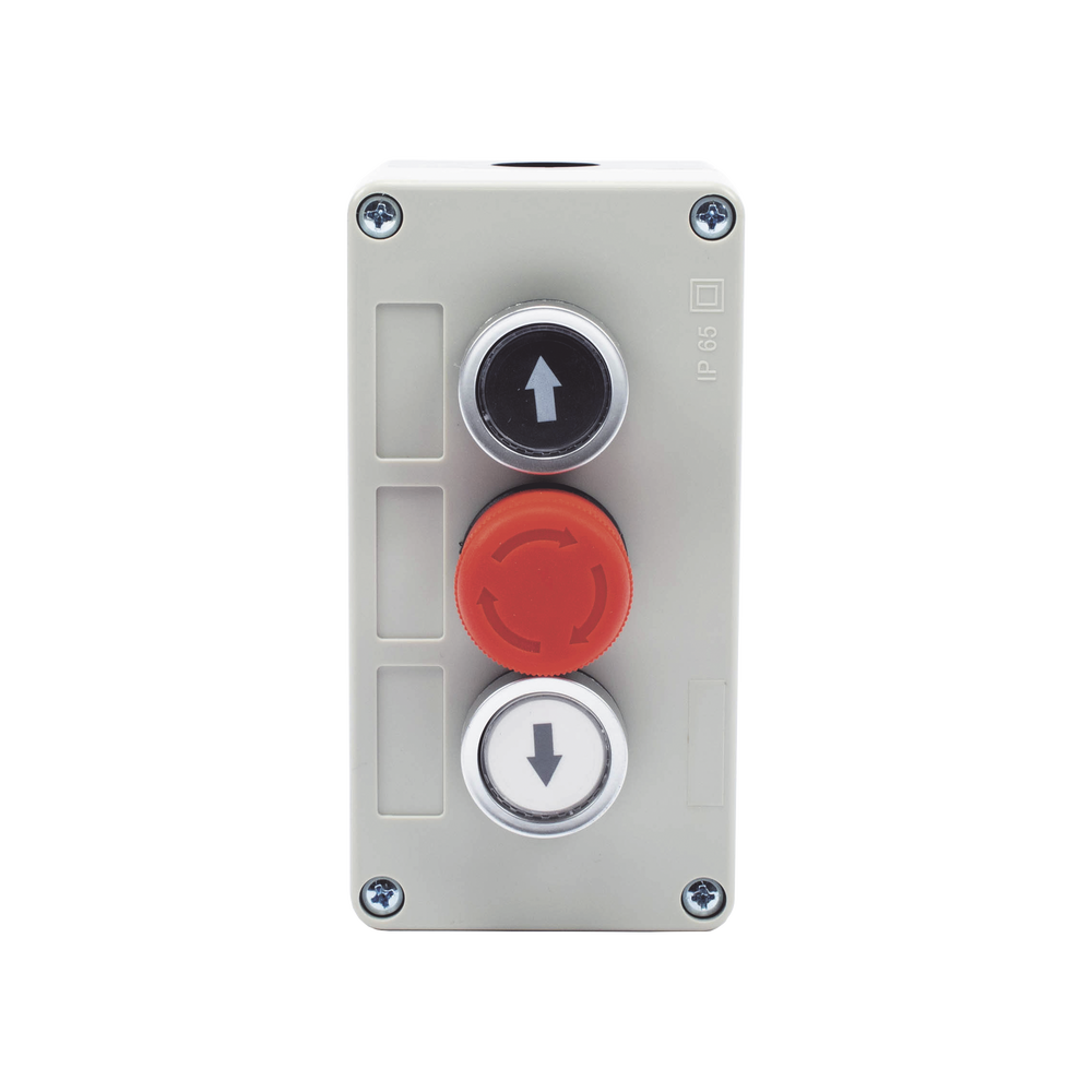 Botonera Triple con Boton de Stop Tipo Enclavado / Para Barreras Vehiculares, Operadores Corredizos y Abatibles. 
