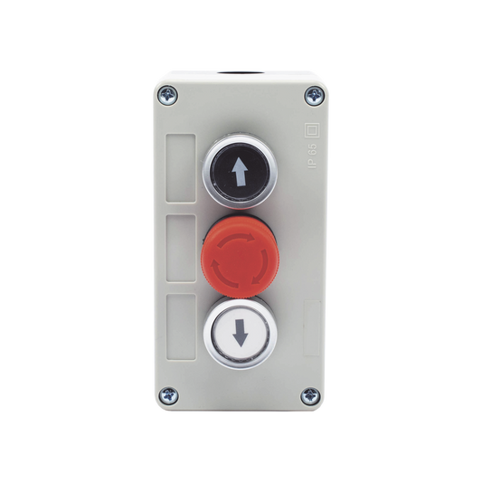 Botonera Triple con Boton de Stop Tipo Enclavado / Para Barreras Vehiculares, Operadores Corredizos y Abatibles. 
