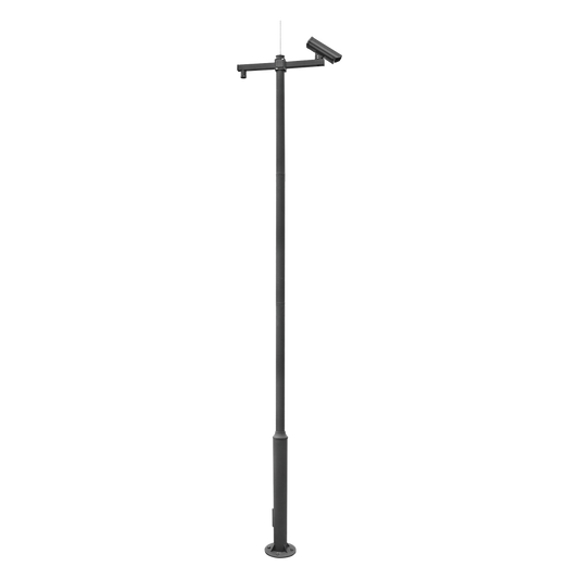 Poste seccionado de 6m, especializado para la instalación de CCTV, incluye base de cimentación, brazo para cámara PTZ, todo en color negro. 