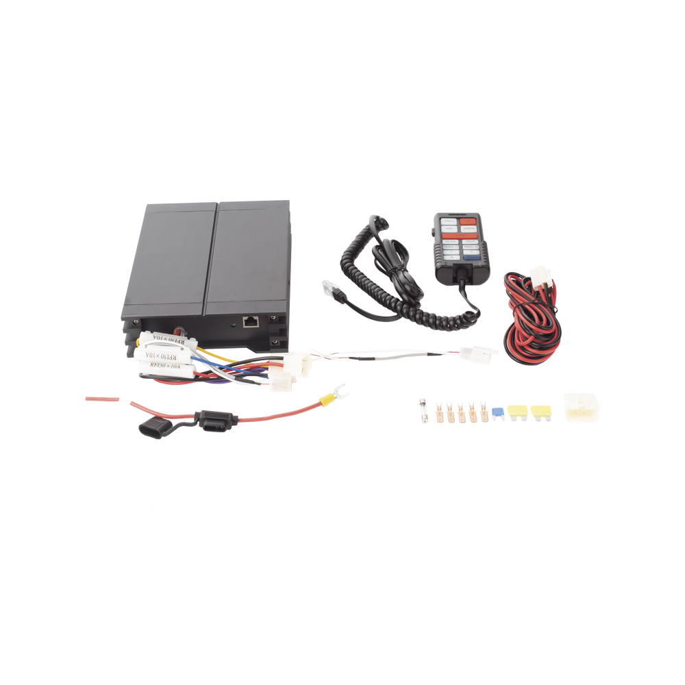 Sirena Vehicular de 100W de Potencia, Con Controlador Unimando Para Tonos, 3 Luces Auxiliares y Microfono