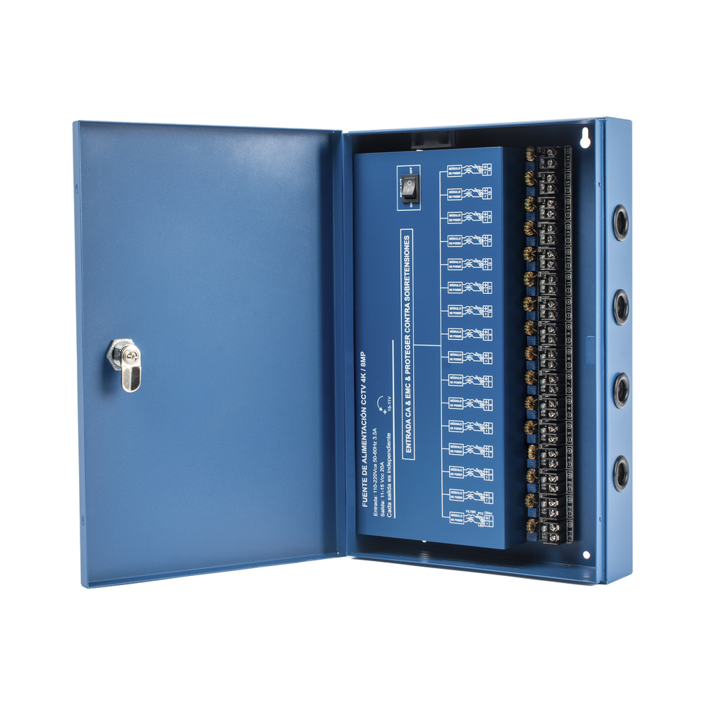 Fuente de Poder Profesional HEAVY DUTY @ 20 Amperes / 16 Canales / Hasta 1.25A por Salida / Ajuste Independiente de 11 a 15 Vcc por Salida / Protección Contra Sobrecargas / Filtro de Ruido Especial para Cámaras 4K.