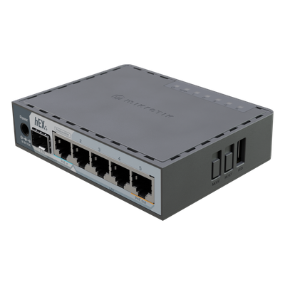 Router hEX S / 5 Puertos Gigabit Ethernet / 1 Puerto SFP 2.5G / Dual-Core ARM / 512 MB RAM / RouterOS V7 / PoE-In y PoE-